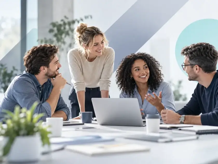 Vier Menschen tauschen sich in einem modernen Büro über neue Ideen und interessante Themen aus.