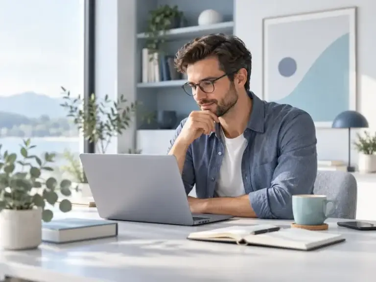 Ein Mann recherchiert konzentriert am Laptop in einem hellen Arbeitszimmer mit moderner Einrichtung.