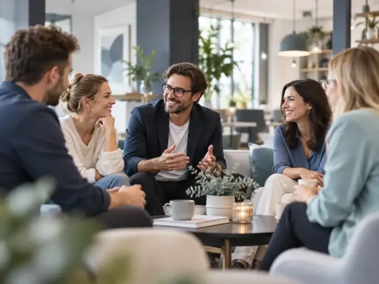 Eine Gruppe von Menschen führt ein angeregtes Gespräch in einer gemütlichen, modernen Lounge.