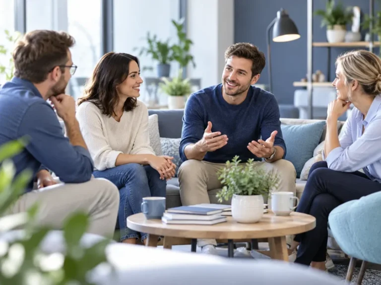 Vier Personen tauschen sich in einer gemütlichen, modernen Lounge über verschiedene Themen aus und teilen gemeinsam Wissen und Erfahrungen.